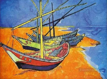 風景 Painting - サント・マリー・ド・ラ・メールの浜辺の漁船 フィンセント・ファン・ゴッホ